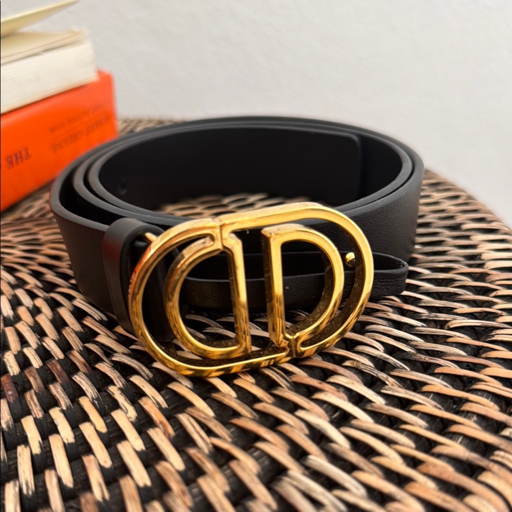 Christian Dior Black Leather Belt with Gold Logo Buckle